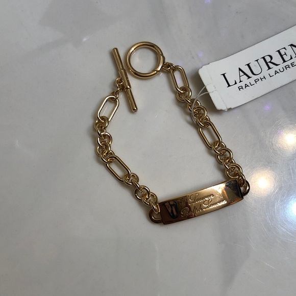 Lauren Ralph Lauren Gold Tone Logo Script Plaque Flex Chain Bracelet NWT - Picture 4 of 12